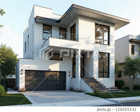 Modern suburban white building with geometric shapes 128505532