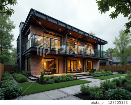 Contemporary suburban brick house 128505538