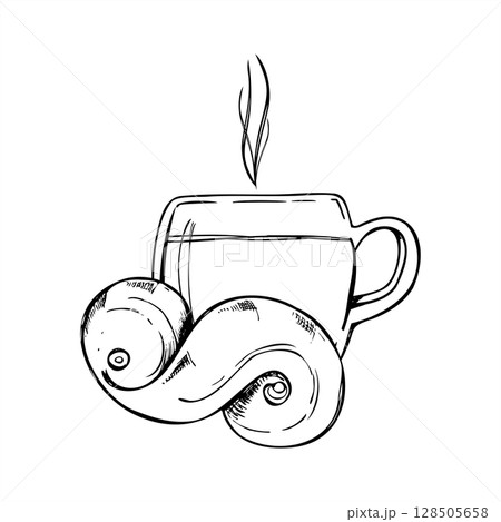 Steaming hot drink in mug with traditional Swedish saffron bun monochrome vector illustration painted. Cozy winter concept. Lussekatt pastry and beverage sketch for Scandinavian Christmas theme. 128505658