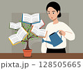 A schoolgirl waters a pot with a plant growing books 128505665
