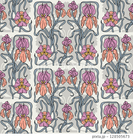 Art nouveau style hand drawn line art pink iris flowers seamless pattern on beige background 128505673