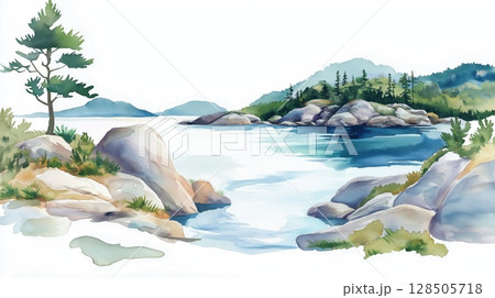 Acadia National Park. Acadia National Park hand drawn watercolor illustration Acadia National Park. Acadia National Park hand drawn watercolor illustration 128505718