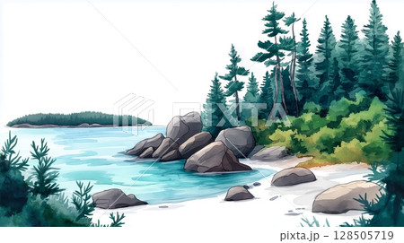 Acadia National Park. Acadia National Park hand drawn watercolor illustration 128505719