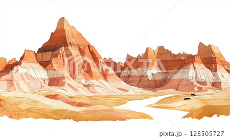Badlands National Park. Badlands National Park hand drawn watercolor illustration Badlands National Park. Badlands National Park hand drawn watercolor illustration 128505727