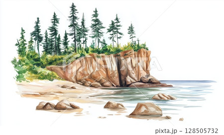 Bay of Fundy. Bay of Fundy hand drawn watercolor illustration 128505732