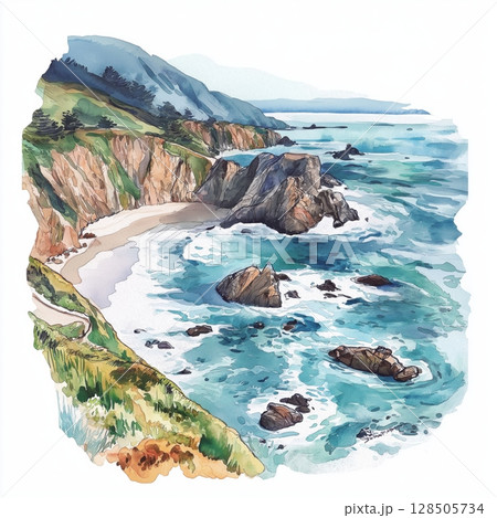 Big Sur Coastline. Big Sur Coastline hand drawn watercolor illustration 128505734
