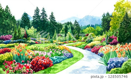 Butchart Gardens. Butchart Gardens hand drawn watercolor illustration Butchart Gardens. Butchart Gardens hand drawn watercolor illustration 128505746