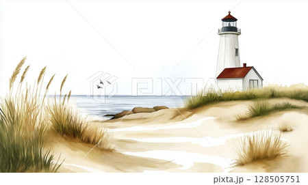 Cape Cod National Seashore. Cape Cod National Seashore hand drawn watercolor illustration 128505751