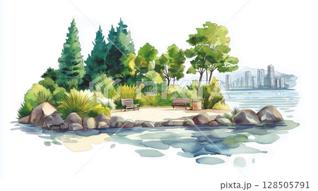 Stanley Park. Stanley Park hand drawn watercolor illustration Stanley Park. Stanley Park hand drawn watercolor illustration 128505791