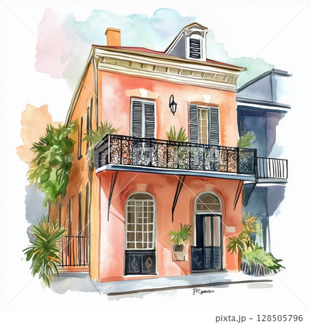 The French Quarter. The French Quarter hand drawn watercolor illustration 128505796