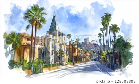Universal Studios Hollywood. Universal Studios Hollywood hand drawn watercolor illustration 128505805