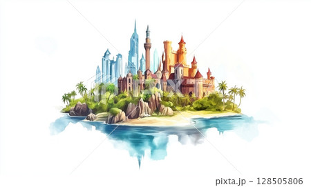 Universal Islands of Adventure. Universals Islands of Adventure hand drawn watercolor illustration 128505806