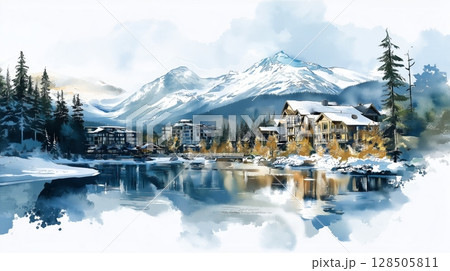 Whistler Blackcomb. Whistler Blackcomb hand drawn watercolor illustration 128505811