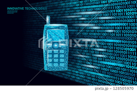 Old mobile phone illustration. Cellular telephone communication gadget polygonal art. Telecommunications history design nostalgia. Blue dark background low poly vector 128505970