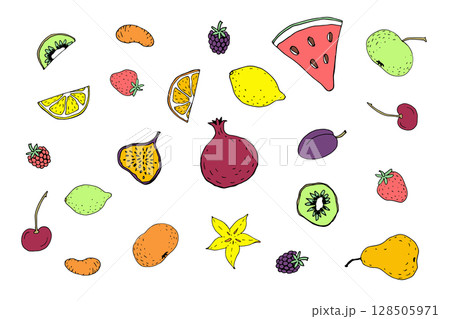 Colorful fruit icon collection. Various fresh organic product sketches doodle style. Healthy eating diet nutrition agriculture designs. White background flat vector outline 128505971