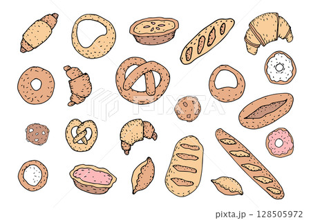 Bakery assortment illustration. Different types baked goods confectionery artwork. Food menu cafe restaurant culinary blog. Hand drawn style light beige background vector 128505972