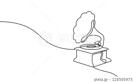 Vintage phonograph continuous line drawing. Antique gramophone minimal outline sketch. Music vinyl retro sound audio design. Minimalist line art white background vector. 128505973