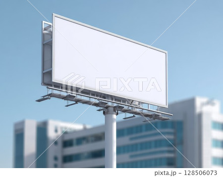 Blank billboard standing tall against a clear blue sky with modern buildings in the background, ideal for advertising campaigns and urban promotions. 128506073