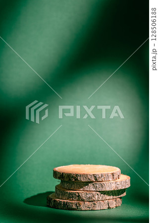 wooden stand against a green background 128506188