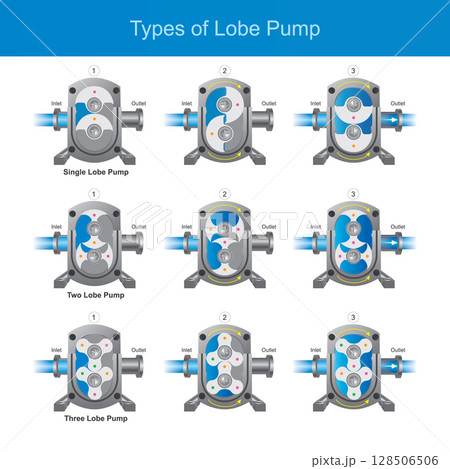Illustrates the various types of lobe pumps based on the number of lobes, and demonstrates their working principles through a series of sequential diagrams for each type. 128506506