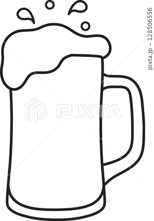 a full glass mug of foamy beer, splashes and drops, Oktoberfest, a simple black and white icon on an isolated background 128506556