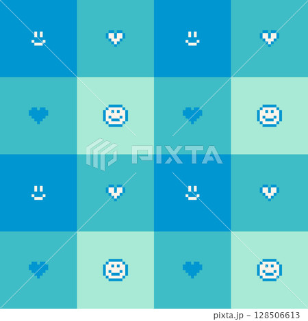 seamless minimal smile and heart pixel art repeat pattern in blue and green color background, flat jpg illustration graphic design 128506613