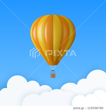 Vector Travel Banner with 3d Realistic Hot Air Balloon Icon on a Blue Sky Background. Design Template, Summer Vacation, Travelling, Tourism and Journey Concept 128506780