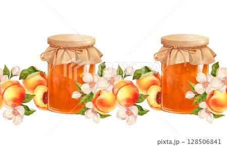 Seamless border illustration of hand-drawn peach jam jars surrounded by peach blossoms 128506841