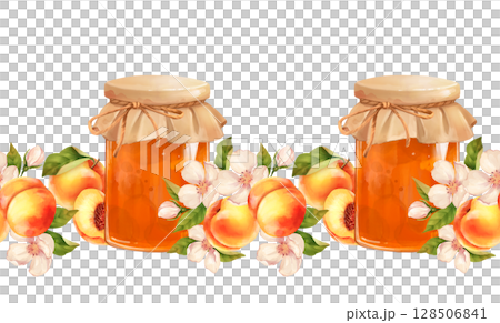Seamless border illustration of hand-drawn peach jam jars surrounded by peach blossoms 128506841