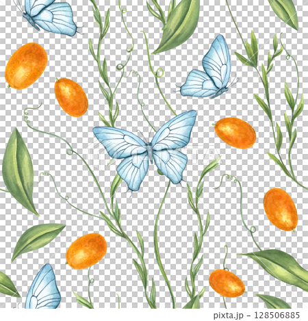 Blue orange tropical seamless watercolor pattern with flying butterflies flying among kumquat fruits isolated on white background. Bright summer ornate for textile design, packaging, birthday decor. 128506885