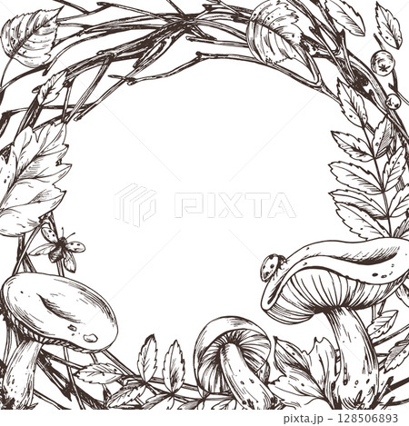 Detailed hand drawn illustration of a round autumn floral frame with mushrooms, twigs and leaves, perfect for seasonal projects, cards, labels or packaging design in vintage style. Detailed hand drawn illustration of a round autumn floral frame with mushrooms, twigs and leaves, perfect for seasonal projects, cards, labels or packaging design in vintage style. 128506893