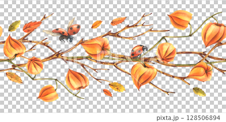Hand drawn watercolor illustration of autumn seamless border with orange physalis, leaves and dry branches. Elegant seasonal design for packaging, scrapbooking and cards. Hand drawn watercolor illustration of autumn seamless border with orange physalis, leaves and dry branches. Elegant seasonal design for packaging, scrapbooking and cards. 128506894