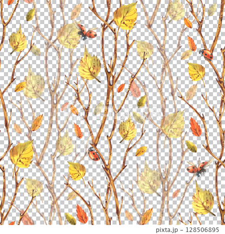 Hand drawn seamless autumn pattern with yellow birch leaves, ladybugs and brown branches on white background. Watercolor illustration is perfect for wrapping paper, textiles and autumn design 128506895