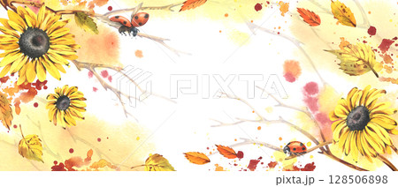 Autumn sunflower, leaves template, painted with watercolor. Handmade floral frame with falling leaves on soft background. Perfect for design and decoration of seasonal invitations and paper products. 128506898