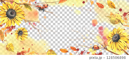 Autumn sunflower, leaves template, painted with watercolor. Handmade floral frame with falling leaves on soft background. Perfect for design and decoration of seasonal invitations and paper products. 128506898