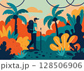 A tourist walks through an abstract stylized jungle 128506906