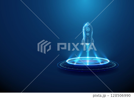 Rocket launching from futuristic podium. Project launch, rapid growth, innovation, space exploration concept. 128506990