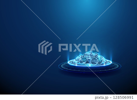 Pile of coins on futuristic podium. Capital accumulation, financial growth, investments, fintech innovation concept. 128506991