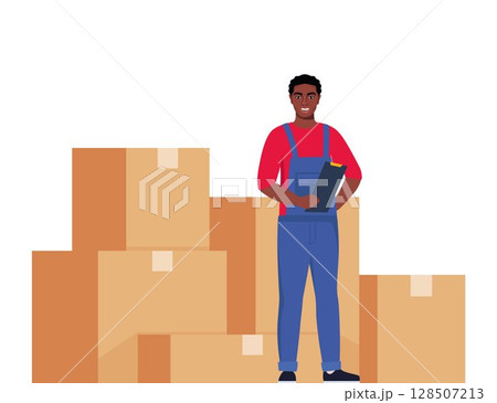 Warehouse worker and stack of boxes. Stock taking job. African American man worker. Vector illustration. Warehouse worker and stack of boxes. Stock taking job. African American man worker. Vector illustration. 128507213