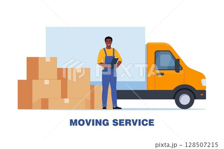 Moving service. Transportation services of things. Moving of items to destination. Black Man in uniform, cardboard boxes and truck container. Advertising banner for delivery service. Vector . Moving service. Transportation services of things. Moving of items to destination. Black Man in uniform, cardboard boxes and truck container. Advertising banner for delivery service. Vector . 128507215