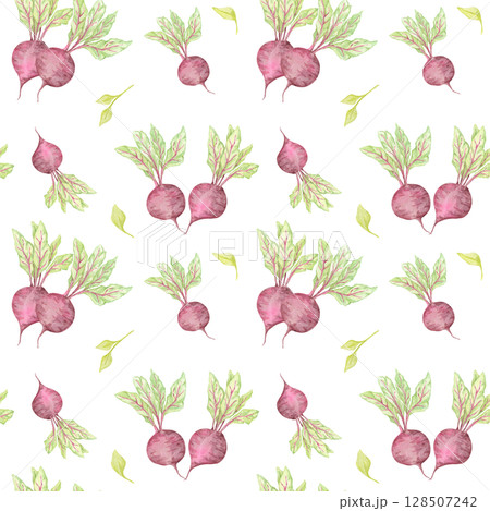 Hand-painted beetroot clipart with foliage in a seamless watercolor pattern. Garden vegetables illustration for packaging design, scrapbook paper, or natural product wraps and farmers market labels Hand-painted beetroot clipart with foliage in a seamless watercolor pattern. Garden vegetables illustration for packaging design, scrapbook paper, or natural product wraps and farmers market labels 128507242