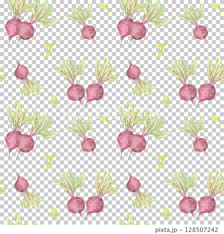 Hand-painted beetroot clipart with foliage in a seamless watercolor pattern. Garden vegetables illustration for packaging design, scrapbook paper, or natural product wraps and farmers market labels Hand-painted beetroot clipart with foliage in a seamless watercolor pattern. Garden vegetables illustration for packaging design, scrapbook paper, or natural product wraps and farmers market labels 128507242
