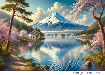 富士山　桜　湖 128507440
