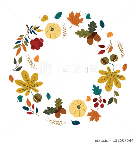 Round frame, wreath, garland, border with pumpkins, colorful autumn leaves, maple leaves, rowan, acorns and Vector illustration with place for save the date, text, photo. Autumn, Thanksgiving design Round frame, wreath, garland, border with pumpkins, colorful autumn leaves, maple leaves, rowan, acorns and Vector illustration with place for save the date, text, photo. Autumn, Thanksgiving design 128507544