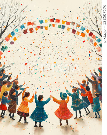 Costumed celebrants dancing, tossing confetti beneath festive flags during vibrant purim street festival copy space 128507576