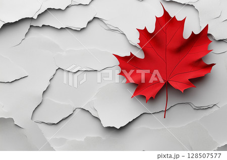 Red maple leaf, symbol of canada, lying on cracked white surface, representing challenges and difficulties faced by country copy space 128507577