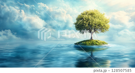 Solitary tree growing on remote oceanic island, water scarcity and environmental preservation importance copy space 128507585