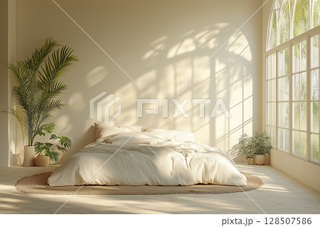 Sunlight illuminates a cozy bedroom with comfortable bed, houseplants large window, peaceful atmosphere world sleep day 128507586