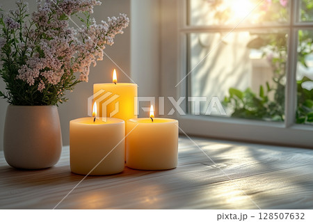 Easter candles illuminate a peaceful setting with serene nature vibes 128507632