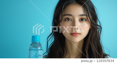 Asian woman holding a plastic bottle of fresh water on a blue background, promoting hydration and celebrating copy space 128507634